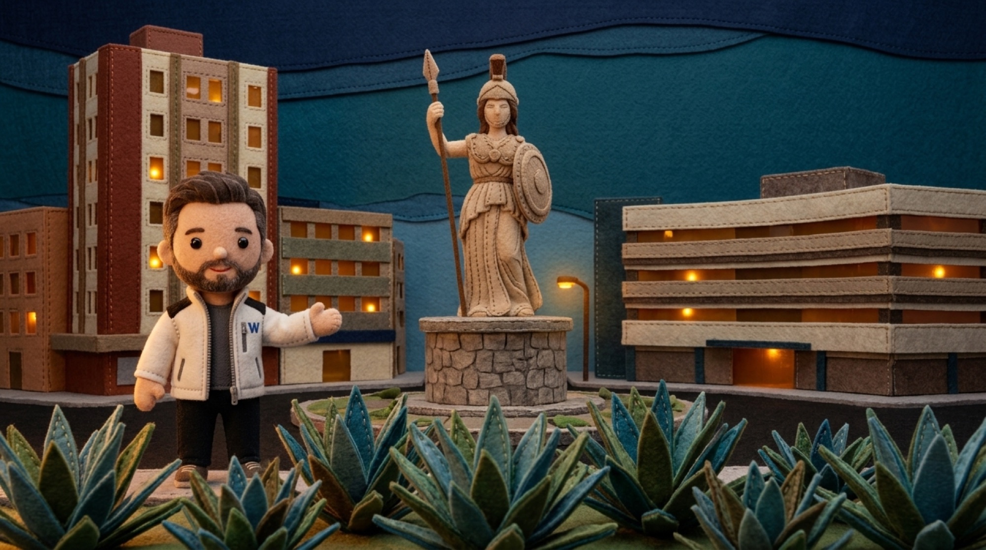 El personaje de tela de WITS da la bienvenida frente a la Minerva de Guadalajara, con agaves y edificios de fieltro al anochecer