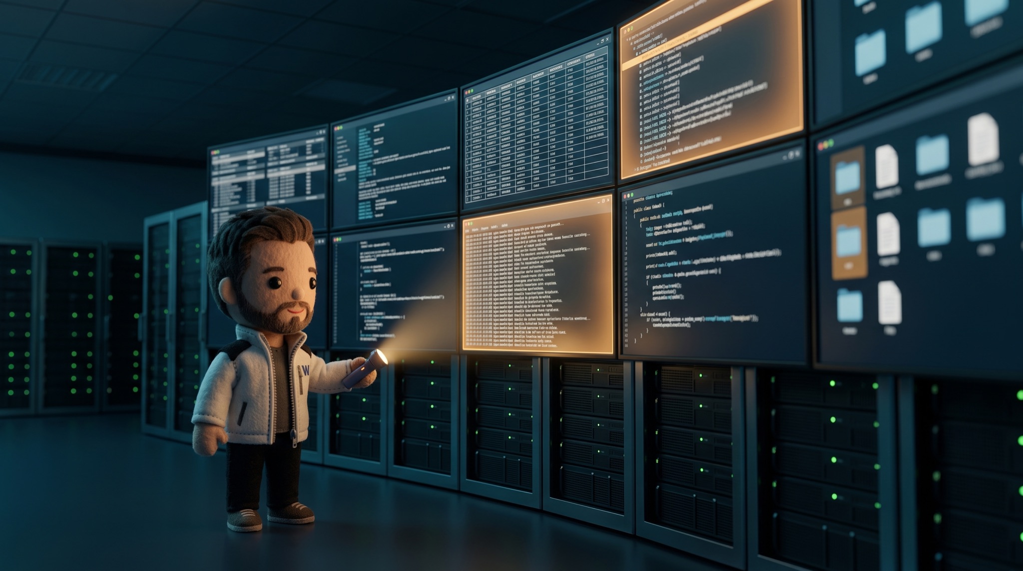 El personaje de tela de WITS revisa un muro de pantallas y servidores en un centro de operaciones: base de datos, registros, archivos y código